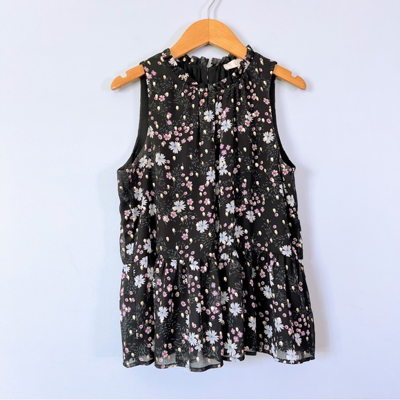 LOFT Black Floral Sparkle Ruffle Neck Peplum Blouse Size Medium Petite - Picture 10 of 10